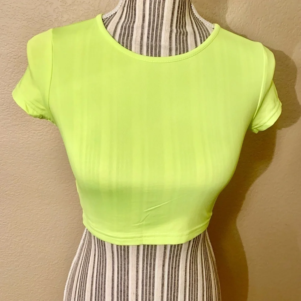 NEW 2-Pce Set Small Neon Yellow Bike Shorts & Short-Sleeve Top Back Zip Stretch